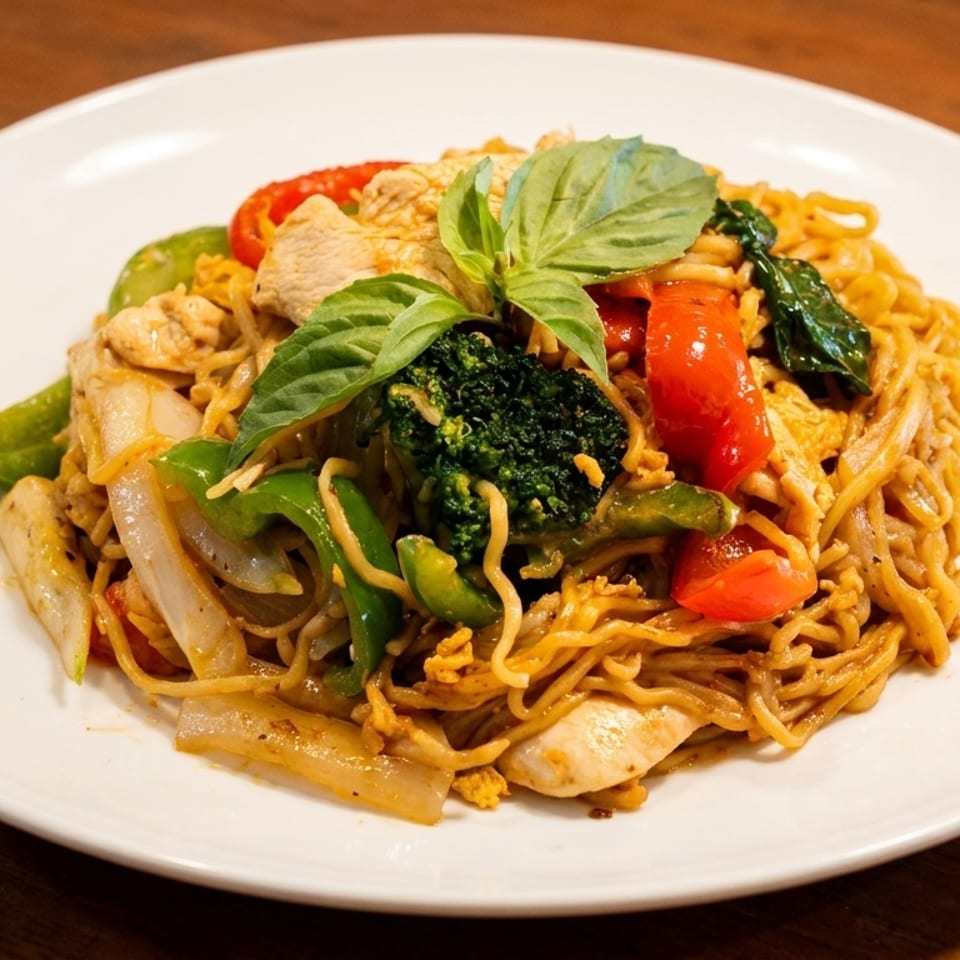 Stir-fried noodles with chicken, broccoli, bell peppers, onions, and basil on a white plate.