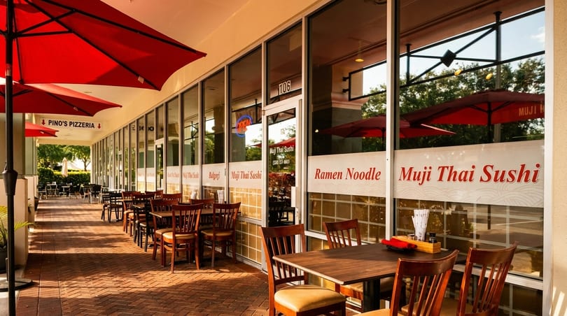 Outdoor patio seating with red umbrellas and wooden tables outside Muji Thai Sushi and Pino's Pizzeria.