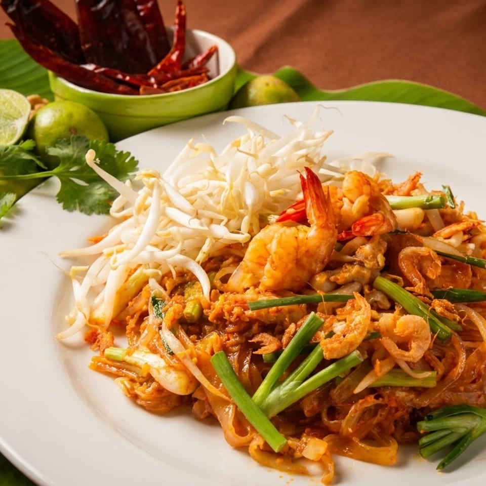 A plate of shrimp pad Thai with bean sprouts, limes, and dried chilies on a banana leaf.