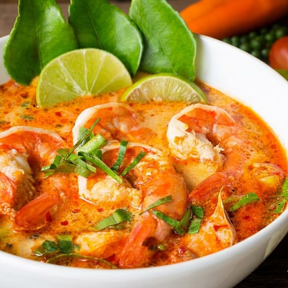 A white bowl of Tom Yum Goong soup with shrimp, lime, and herbs on a wooden table.