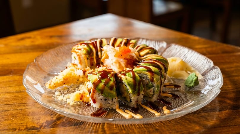 Dragon sushi roll with avocado, eel sauce, and spicy mayo, served with ginger and wasabi.