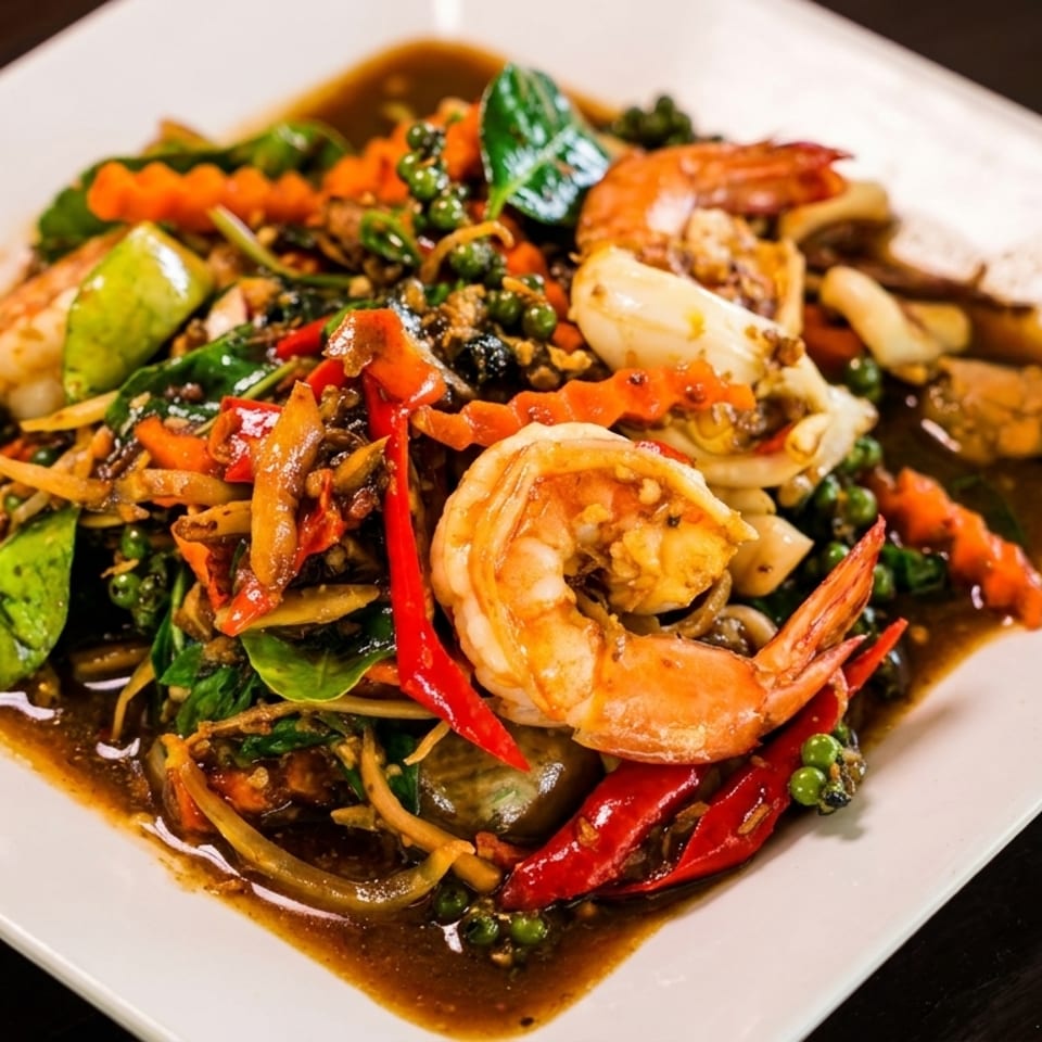 Spicy Thai stir-fried seafood with shrimp, squid, mussels, green peppercorns, and red chilies.