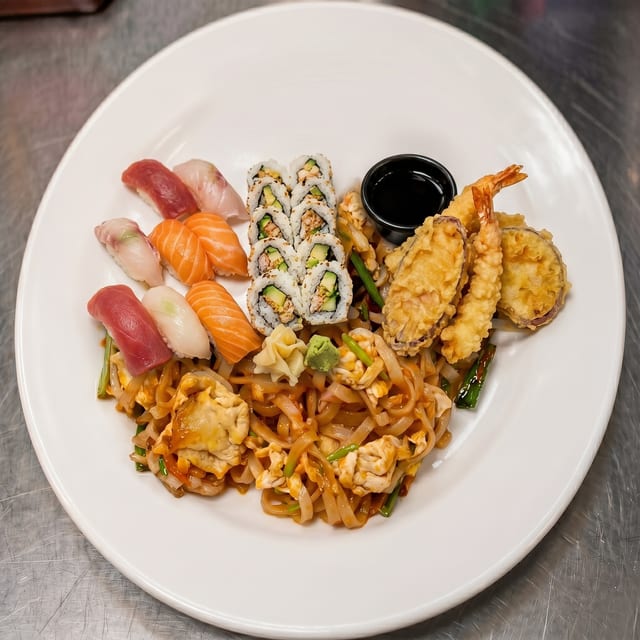 Sushi, Sashimi, and Shrimp Tempura.